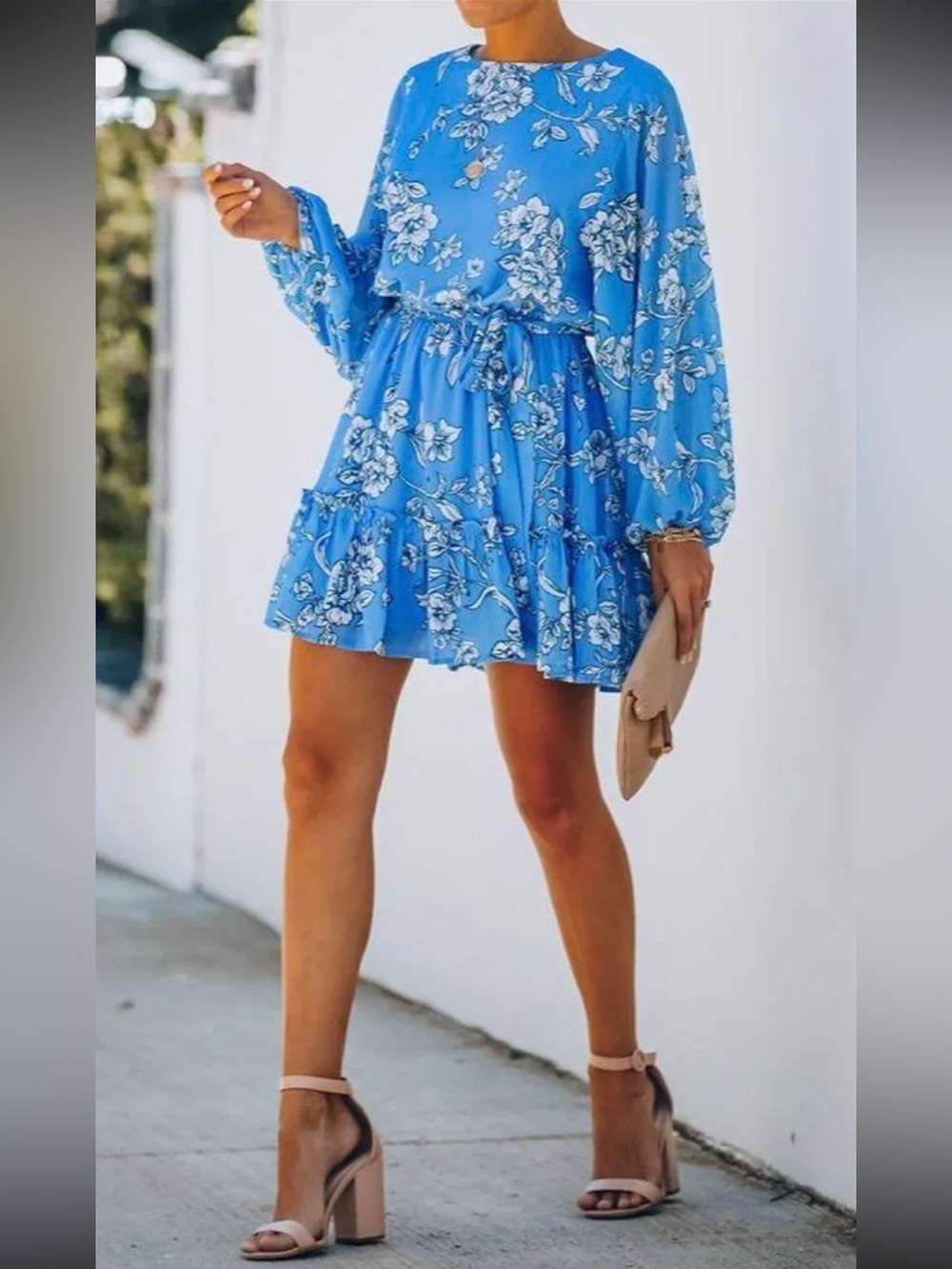 VICI Collection Flying Tomato Blue Floral Balloon-Sleeve Ruffle Mini Dress